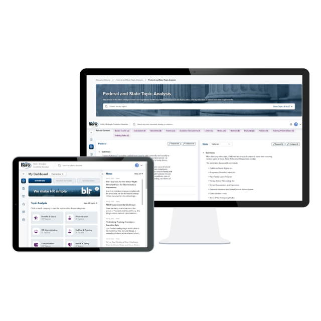 HR Hero Federal and State Topic Analysis online tool is shown on both computer and tablet. 